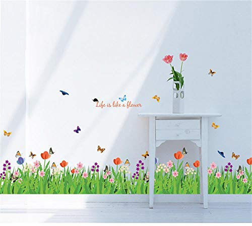 decalmile Wandtattoo Grüne Gras Blumenwiese Wandsticker Schmetterling Bordüre Wandaufkleber Wohnzimmer Schlafzimmer Wanddeko