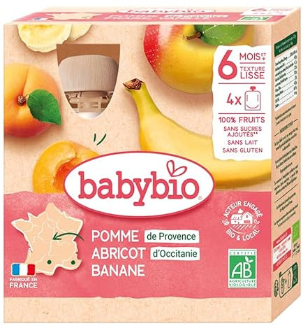 Babybio - Gourdes Fruits - Pomme Abricot d'Occitanie Banane 4x90 g - 6+ Mois - BIO