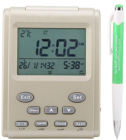 Pssopp Muslimische Azan Gebetsuhr Islamische Azan Wecktischuhr Digitale hintergrundbeleuchtete LCD Azan Uhr Gebetszeiterinnerung mit Uhrzeit, Datum, Woche und gregorianischer Kalenderanzeige