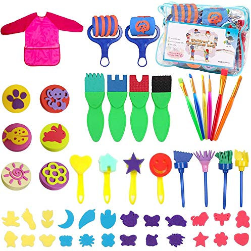 52 Pièces Enfants Peinture Kits,Éponge Brosses de Peinture Enfant Ensemble,Éponge Brosses de Peinture Enfant, Art DIY Outils d'art d'apprentissage Précoce d’Bambin pour Les âges 3-6