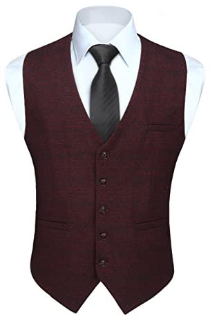 HISDERN Herren Karierte Weste formale klassische Weste Baumwolle Hochzeit Hahnentritt Anzug Westen Burgund L