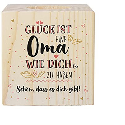 Herz & Heim® Omageschenk mit Kompliment Kerzenhalter mit Aufdruck Glück ist eine Oma wie Dich zu haben