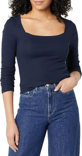 Amazon Essentials Women's Slim-Fit Long-Sleeved Square Neck T-Shirt, Navy, XL