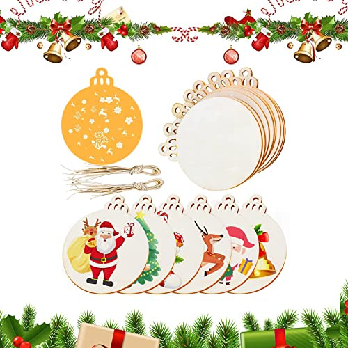 50 Piezas Adornos de Madera de Navidad, Discos y Bolas para Bricolaje, Colgantes Con Agujeros, Manualidades Navideñas