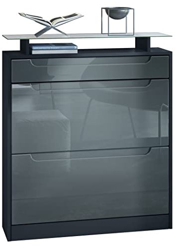 Vladon Schuhschrank Fiesta, Schwarz matt/Grau Hochglanz - Schuhkipper für 16 Paar Schuhe (89 x 104 x 23 cm)