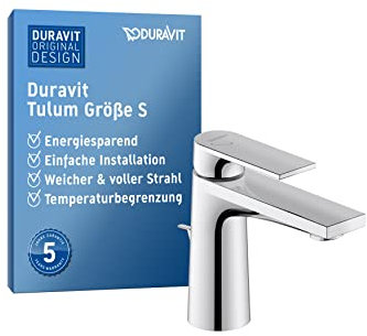 Duravit Tulum Waschtischarmatur, Größe S (Auslauf Höhe 97 mm), Wasserhahn Bad mit Zugstangen-Ablaufgarnitur, Waschbecken Armatur mit FreshStart-Funktion, Chrom