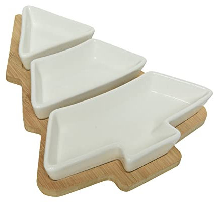 Kaemingk Tapas Schalen Set aus Keramik mit Holztablett 27x20cm Servierplatte Dip Antipasti Platte natur weiß