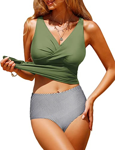 UMIPUBO Womens Tankini Sets Tummy Control Swimsuit Push Up Padded Swimwear Twist Front Tankini Top with Bikini Bottoms V Neck 2 Piece Bathing Suits Swiming Costume (Green, M)