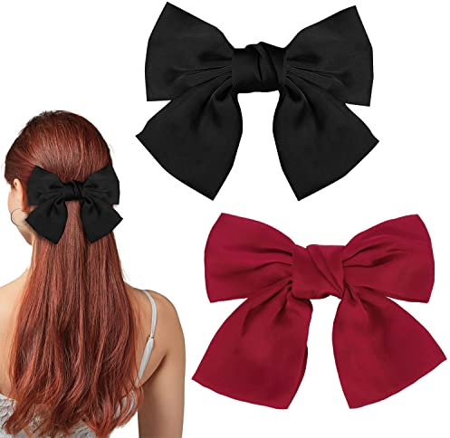 Schleife Haarspange, 2 Stück Frauen Haarschleifen Große Schleife Haarspange Französische Haarspangen Mädchen Haarspangen (Schwarz + Rot)
