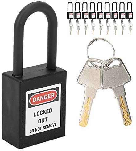 10 Unidades/juego de Bloqueo de 38mm, Candado de Seguridad Aislado de Nylon Resistente a la Corrosión para Kits de Etiquetas de Bloqueo Eléctrico, 2 Llaves por Bloqueo (Negro)