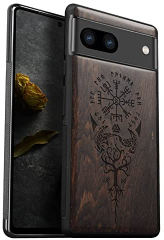 Carveit Wood Case for Pixel 7a Case [Natural Wood & Black Soft TPU] Shockproof Protective Cover Unique & Classy Wooden Phone Case Compatible with Google Pixel 7a Case (Viking Compass-Blackwood)