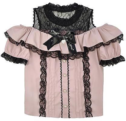 Cuteighteen Sweet Cold Shoulder Shirt Femmes Lolita Dentelle Maille Sheer Manches Courtes Blouse Vintage Volants Bouton Mignon Tops, rose, Taille M