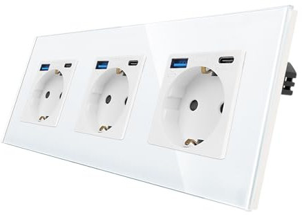 CNBINGO Enchufe triple de cristal con 6 puertos USB, 3 x (tipo C y tipo A, soporte de carga rápida de 20 W), enchufe Schuko empotrado en blanco, enchufe de pared con marco de cristal