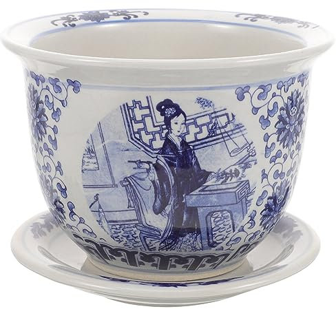 Happyyami Blue and White Ceramic Planter with Drainage Hole Saucer Chinese Porcelain Flower Pot Plant Container for Indoor Plants