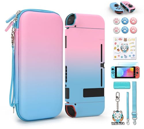 Switch Tasche Blau+Rosa Switch Hülle, innoAura 16 in 1 Switch Zubehörset mit Switch Tragetasche, Switch Schutzhülle, Switch Bildschirmschutz, Switch Game Case (Farbverlauf Blau Rosa)