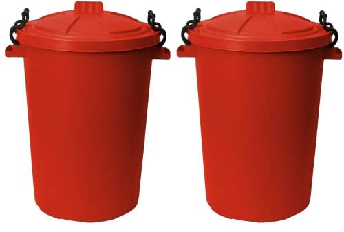 TENLITE Set of 2-50Litre RED Heavy Duty Plastic Clip Lock Lid Bin Indoor or Outdoor Rubbish, Trash Can, Dustbin Waste or Storage of Animal Feed, Colourful Bins - Made in U.K. (Red)
