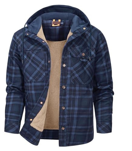 Duohropke Herren Kariert Hemdjacke mit Kapuze Gefütterte Übergangsjacke Große Größe Thermohemd Thermojacke Schneefeldjacke Reißverschluss Outwear Gepolsterte Arbeitshemd Holzfällerhemd