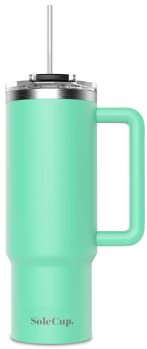 SoleCup. 30oz Travel Mug with Handle, Lid and Two Straws, Drinks Stay Hot for 8 Hours and Cold for 24 Hours - Double Wall Stainless Steel Vacuum Insulated Tumbler (Mint, 30oz)