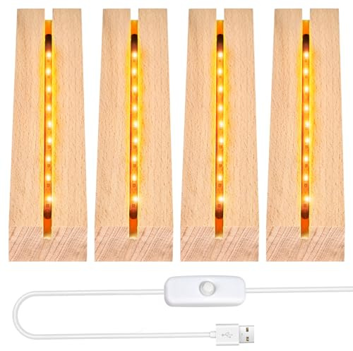 Mitening 4 Stück LED Lichter Display Basis Warmes Gelbe Beleuchtet Lichtständer, Hölzerne Beleuchtete USB-LED-Lichtsockel Display-Basis Rechteckig Holzbeleuchtung DIY-Acrylplatte Ornament 15*4.5*3cm