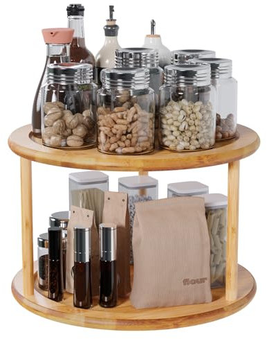 Exabang Portaspezie Girevole a 2 Livelli, Calibro 25CM, Organizer Dispensa Cucina, Vassoio Piatto Girevole Porta Spezie Salva Spazio Kitchen Organizer per Cucina, Soggiorno, Camera da Letto (Natura)