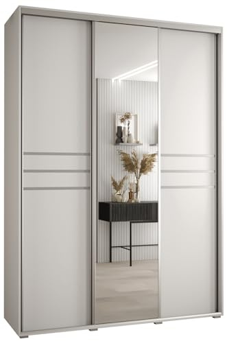 MEBLE KRYSPOL Davos 11 170 Schrank mit DREI Schiebetüren für Schlafzimmer - Moderner Schrank mit Spiegel, Kleiderstange und Regalen - 235,2x170x60 cm - Weiß Weiß Silber