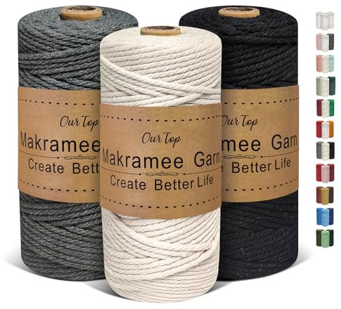 OurTop Premium Makramee Garn 3er Set, 3mm x 100m Macrame Cord Makramee Schnur Makramee Kordel, Garn für DIY Handwerk, Weben Dekoration, Hängepflanze Pflanze Aufhänger(Natur, Grau, Schwarz)