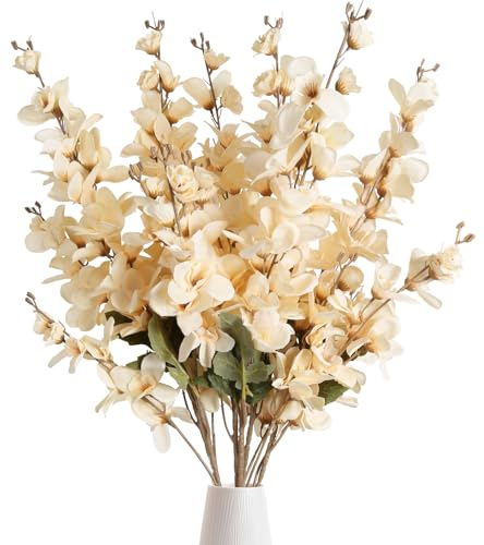 INSUNSIX 6PCS Champagne Delphinium Artificial Flower Lifelike Faux Larkspur Silk Flowers Plant 35.43'' Long Stem Blossoms Flowers for Tall Vase Floral Arrangements Home Table Wedding Decor(Champagne)