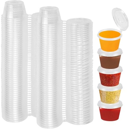 YAANBUNB 100 Pcs Round Food Containers with Lids, 1oz/25ml Clear Sauce Pots Plastic Deli Pots Reusable Jelly Shot Cups Takeaway Sauce Tubs for Dips, Salads
