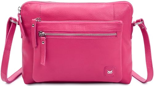Wise Owl Accessories Piccola borsa a tracolla in vera pelle morbida con ciottoli, Nappa rosa acceso, 8x10.5x1.75