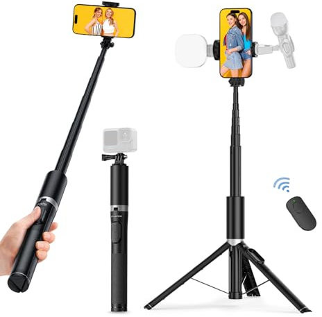 ATUMTEK 70 Phone Tripod, Selfie Stick Tripod with Bluetooth Remote for iPhone, Android Smartphones, Go pro Action Cameras, Aluminum Phone Tripod Stand with 2 Cold Shoe Mounts for Light and Mic, Black