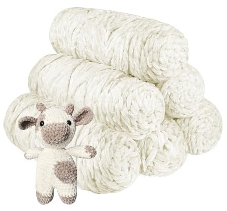 YINVA Chenille Wolle zum Häkeln 600g(6pcs×100g) Chenille Wolle Flauschige Wolle Velvet Weiche Plüschwolle Häkelwolle für Anfänger Dicke Wolle Zum Stricken-Milchweiß