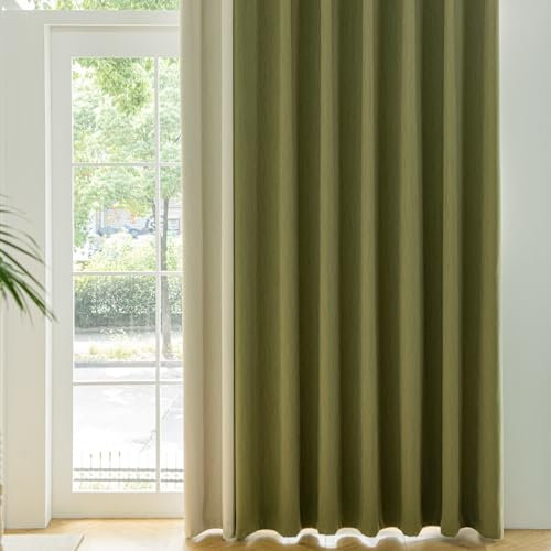 KnSam 2er Set Grün Beige Verdunkelungsvorhang Schlaufen, Vorhänge mit Motiv Patchwork Zweifarbig, Polyester Baumwolle Ösen Verdunkelungsvorhänge Kinderzimmer, Jeder B 86 x H 183cm