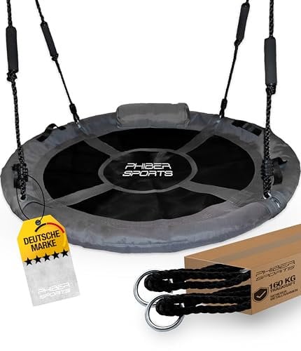 PHIBER-SPORTS Nestschaukel Outdoor Kinder - Ø 100cm - Mit Kissen + Haltegriffe + Höhenverstellbar - Wetterfest & Langlebig - Tellerschaukel Netzschaukel Nest Schaukel Rund Indoor