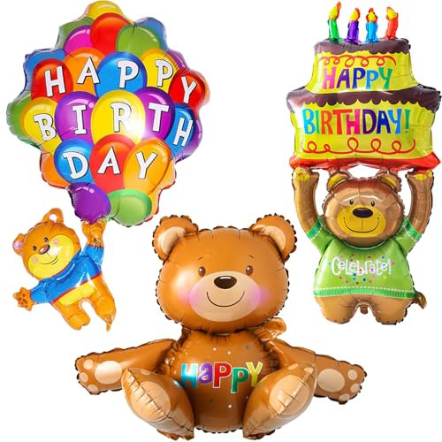 AUNGKWANG 3 Stück Happy Birthday Folienballon Bär, Bär XXL Folienballon, Helium Ballons Geburtstag, Teddybär Braun Luftballon, Babyparty Partyzubehör für Kinder Junge Mädchen Geburtstag