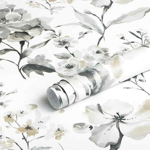 Fiula Peel and Stick Wallpaper Grey and White Floral Self Adhesive Wallpaper 41x300cm Sticky Back Plastic Roll Removable Waterproof Contact Paper for Living Room Bedroom Flower Muster Wallpaper