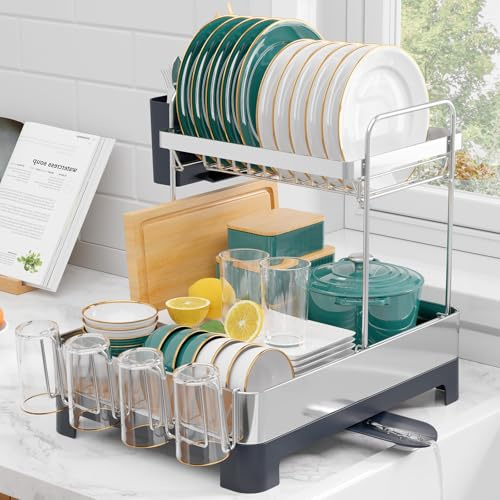 Kitsure Dish Drainer Rack - 2-Tier Rustproof Draining Board Rack with Utensil & Cup Holders, Space-Saving Drainer for Kitchen Countertop, 45.2 x 32.0 x 38.6 cm, Dark Grey