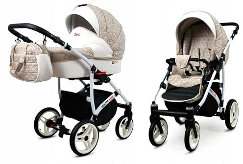 BabyLux White Lux 2-in-1 Baby Kinderwagen Tief und Kinderwagen mit Zubehör Verstellbar und faltbar Aluminium Konstruktion Wasserdicht Nicht abnehmbare Räder Natural