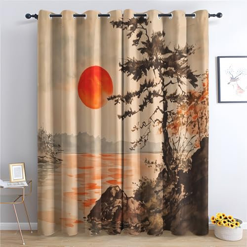 Generisch Vorhänge Japanisch Muster, Asiatisch Orientalisch Gardinen mit Ösen Wohnzimmer Schlafzimmer Deko, Fenster Blickdicht Verdunklungsvorhänge 2er Set, 200 x 140 cm (H x B) s91