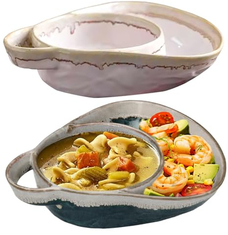 2Pcs Soup Bowls Retro Ceramic Chip and Dip Bowl with Handles Creative Soup & Side Plates for Salad, Dessert, Fruit, 8x7x2inch