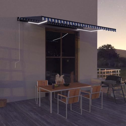 Elektrische Markise mit Windsensor & LED-Beleuchtung, 500x300cm, Blau-Weiß, UV-Schutz, für Terrasse, Balkon, Außenbereich
