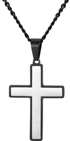 meberg Karma NH11445836 Halskette mit Kreuz Silber Schwarz Herren Edelstahl 60 cm Kette Herrenschmuck Edelstahlkette Männer Herrenhalskette Geschenk für Ihn wasserfest hypoallergen