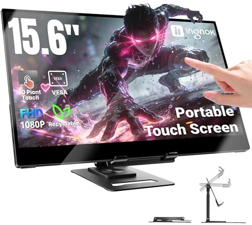 Ingnok Portable Monitor Touchscreen 15.6 FHD 10-Point Touch with Kickstand | 1080P IPS,Glossy, 1200:1, Dual USB-C, Mini-HDMI, Speakers, Ultra-Thin Second Screen for PC/Macbook/Phone