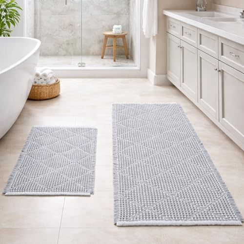 Großes Badezimmerteppich Set 2 Teilig, Rutschfest Waschbar Boho Badteppich, Rhombische Badvorleger Duschvorleger für Badezimmer, Waschküche, Wohnzimmer, Schlafzimmer, Grau, 46x77 cm und 51x120 cm