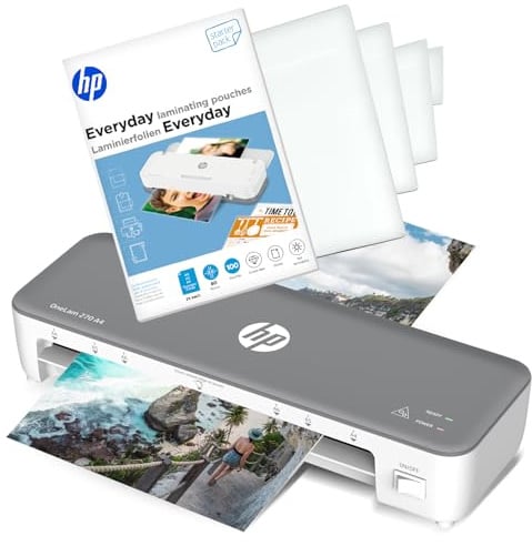 HP OneLam 270 Laminiergerät A4 + Laminierfolien | Heißlaminator Set, Foliergerät für Büro, Schule & Home Office | 100x HP Folien 80 Mic | Schnelle Aufwärmzeit | Starter Set