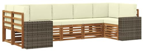 vidaXL Ecksofa Set mit Kissen 7 pcs Natur und Creme Polyester, Akazienholz Sofa für draußen, stylisches Gartenmöbel, modulares Set für Terrasse und Poolbereich