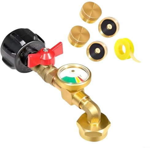 GANCEI Adaptateur de recharge de propane, convertisseur en laiton à 90 degrés avec valve de commande et jauge phosphorescente pour réservoir de 9 kg à 0,5 kg, camping