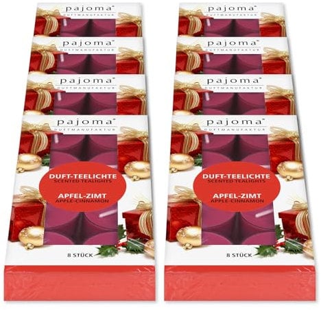 pajoma® Teelichte 8er Pack, Apfel - Zimt | 64 Duft-Teelichte in Polycarbonathülle, Brenndauer ca. 4 Stunden - Höhe 1,5 cm ø 3,5 cm | Premium Qualität | Deko, Gastronomie, Outdoor, Windgläser, Hochzeit