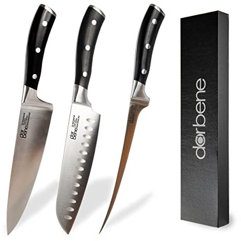 DarBene C-Series 3teilig Profi Küchenmesser aus deutschem Edelstahl, Filetiermesser 18cm, Chefmesser 20cm, Santoku Messer 18cm, extrem scharfe Klinge, ergonomischer ABS Griff, nachschleifbar