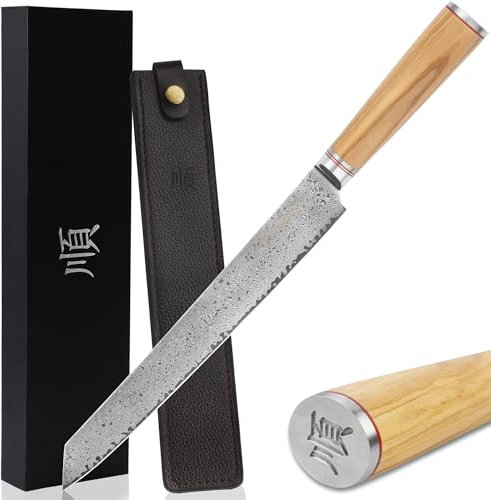 YOUSUNLONG Sujihiki-Messer 11 - Japanische Filetmesser - Gehämmerter Damaststahl - Ultimatives Schneidemesser - Griff aus italienischem Olivenholz mit Lederscheide - Slicer Fleisch, Sushi, Sashimi