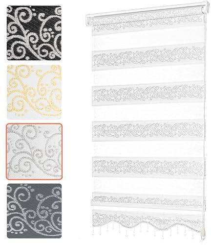 Bailena® Doppelrollo Klemmfix ohne Bohren - 4in1 Duo Rollo mit Muster Weiß Silber Glitzernd 90x200cm - Ranken & Blumen Motiv Doppelrollo mit Perlen - Gardinen Rollos für Fenster & Tür